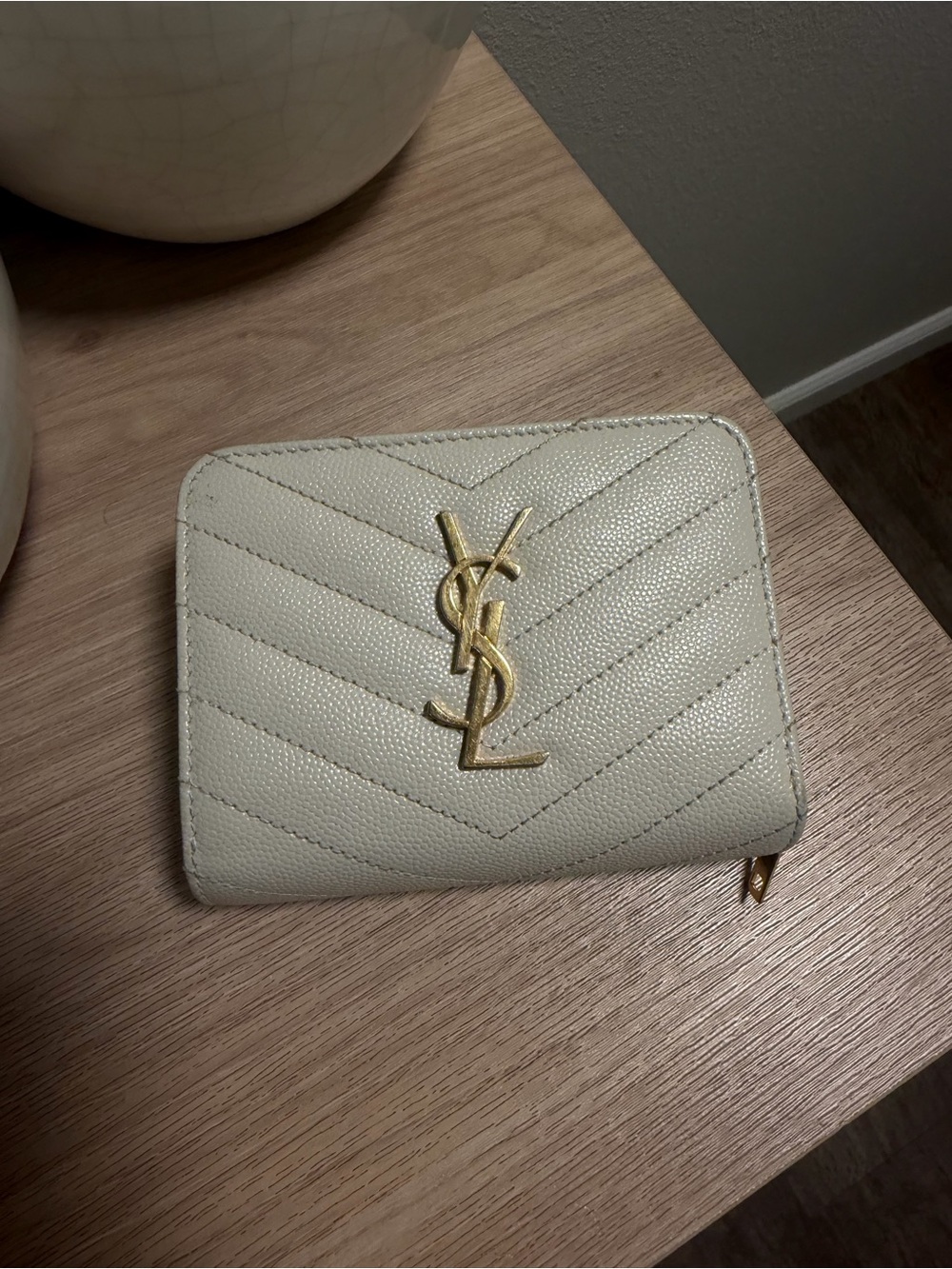 Saint Laurent Cream Chevron Zip-Around Wallet with Gold YSL Emblem
